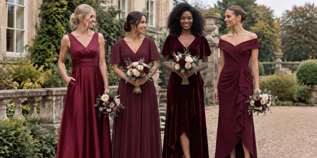 Robes de demoiselles d'honneur bordeaux et baies avec bouquets de fleurs ivoire, rose poudré et vert olive