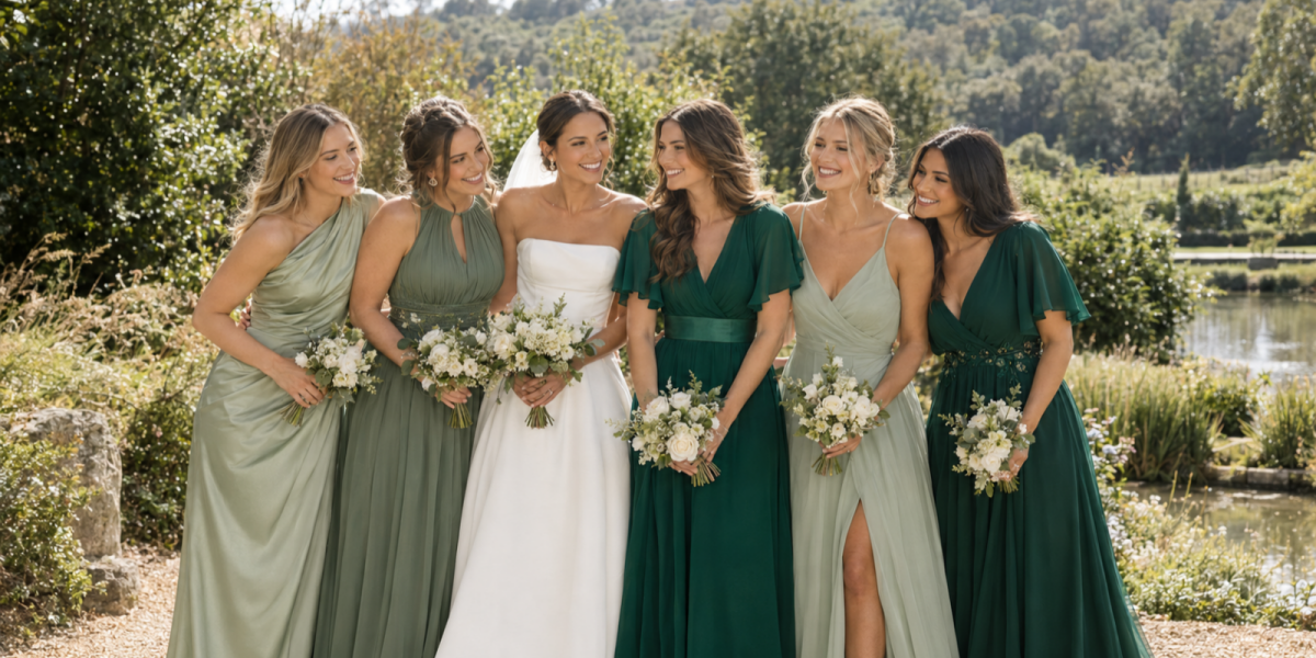 Demoiselles d'honneur portant des robes de différentes nuances de vert avec des bouquets crème assortis, lors d'un mariage champêtre.