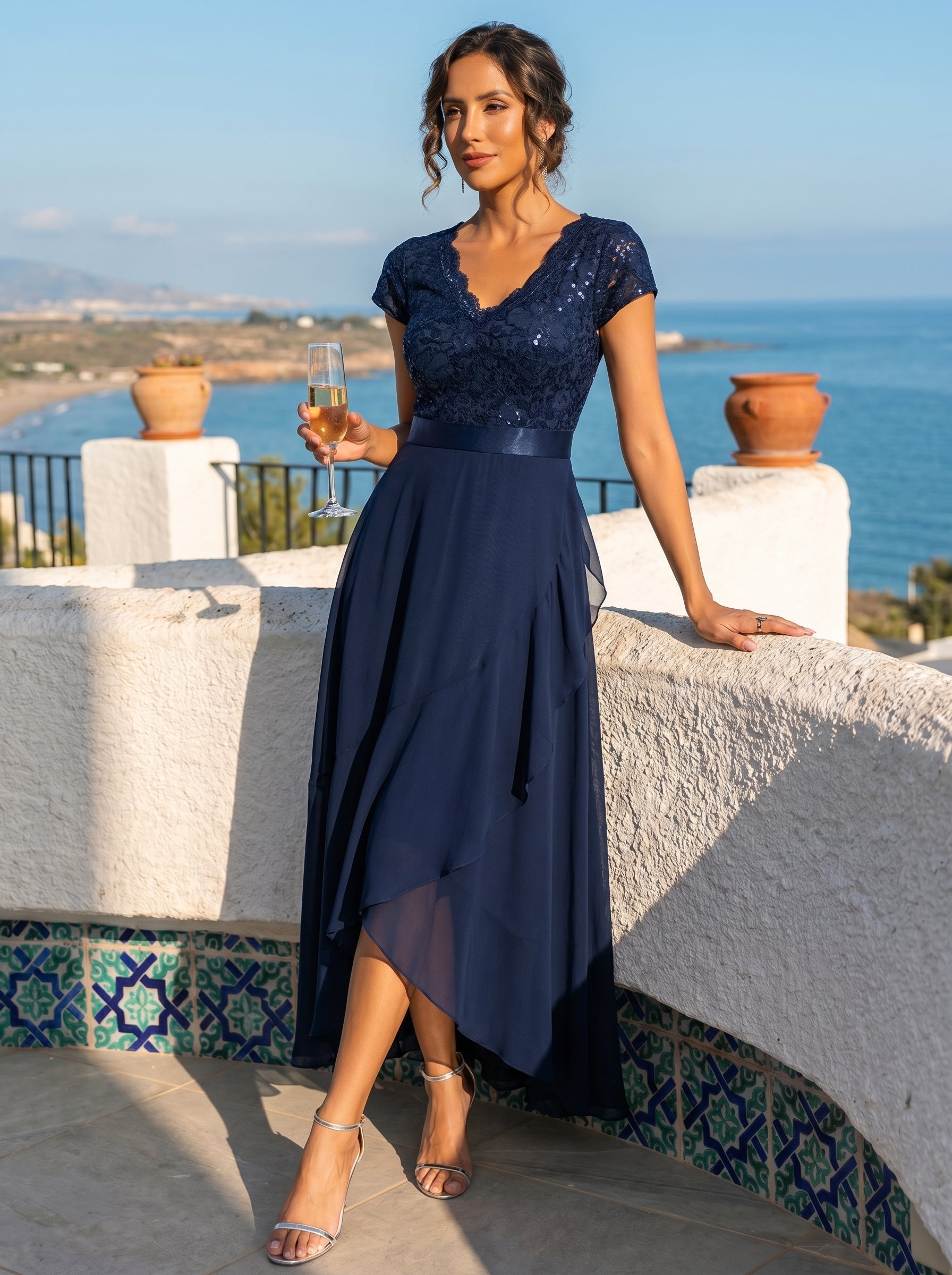 robe asymétrique à encolure en V profonde à manches courtes avec volants et patchwork à ourlet haut bas #Couleur_Bleu Marine