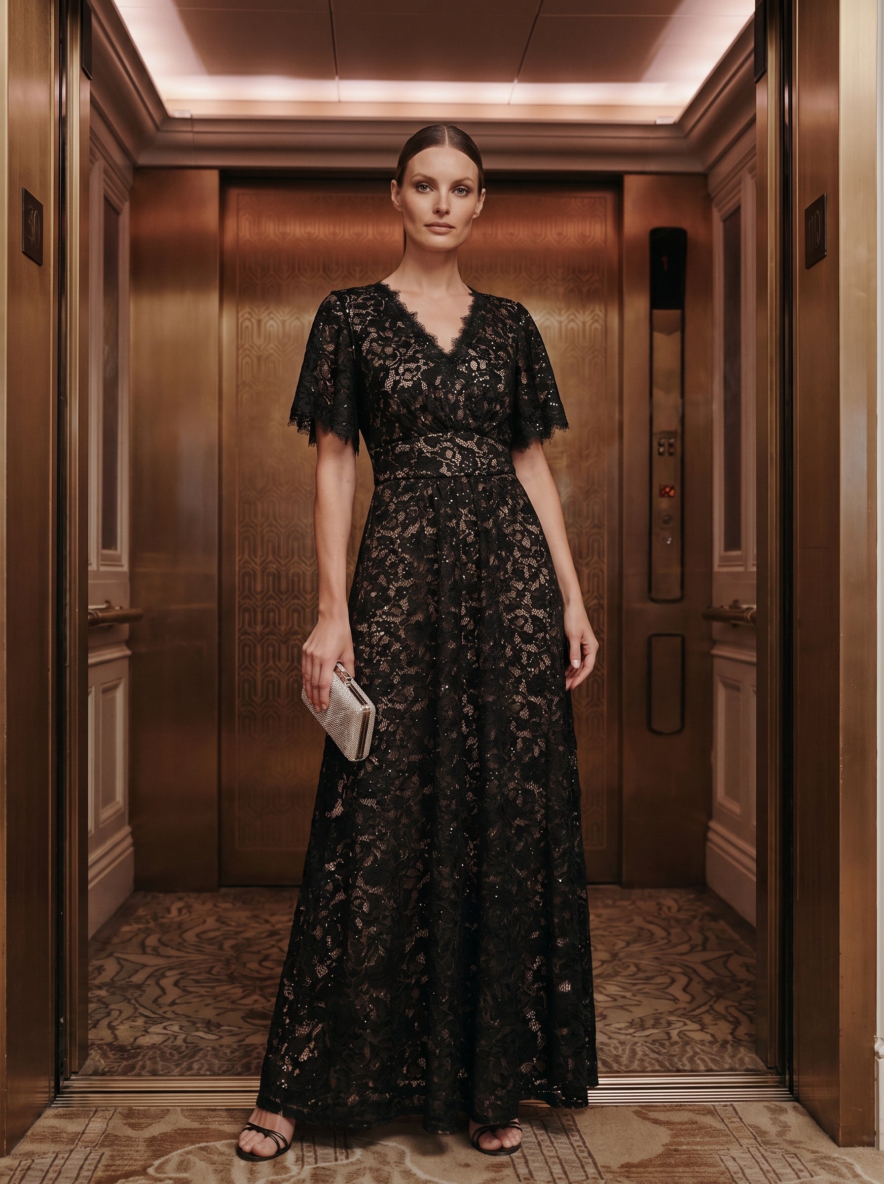 Robe longue à volants en sequins à manches courtes A ligne #Couleur_Noir