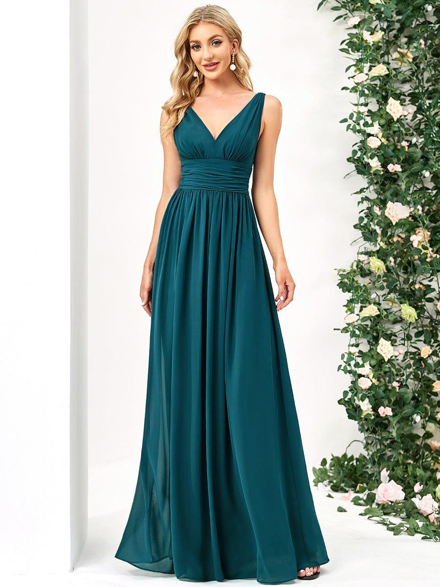 Col V sans manches plissé chiffon robe de soirée #Couleur_Bleu Sarcelle
