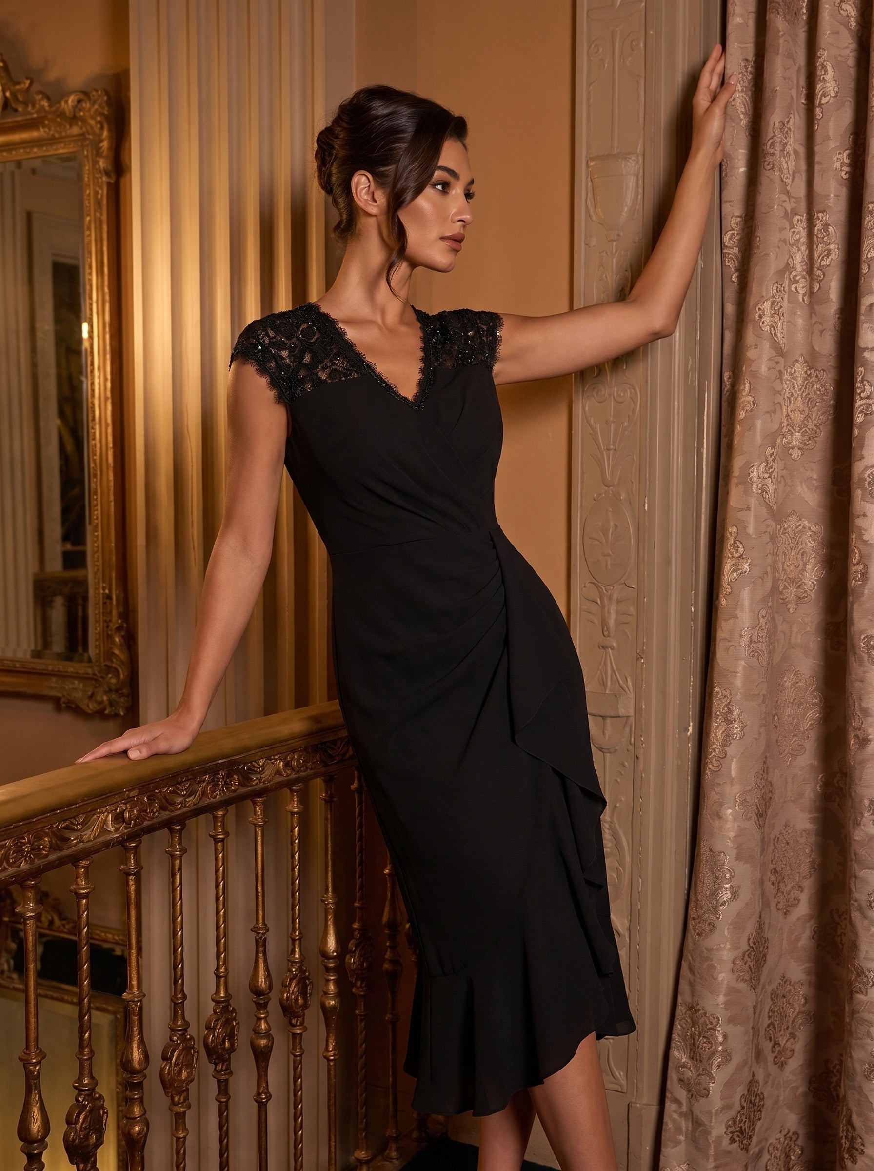 robe midi sirène à volants en sequins à manches courtes avec décolleté croisé #Couleur_Noir