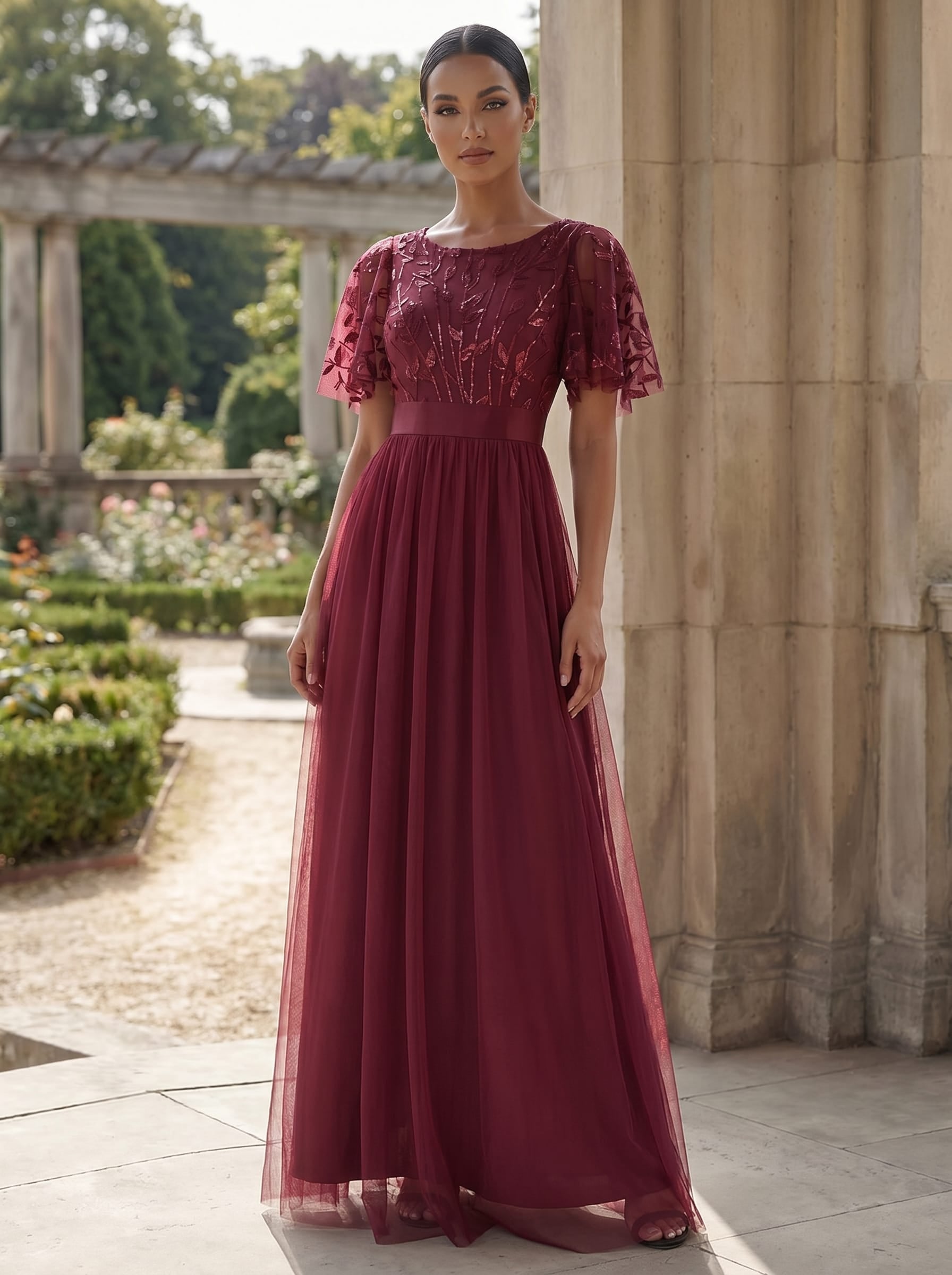 Robe de demoiselle d'honneur Brodées à manches courtes en ligne A pour femmes #Couleur_Bordeaux