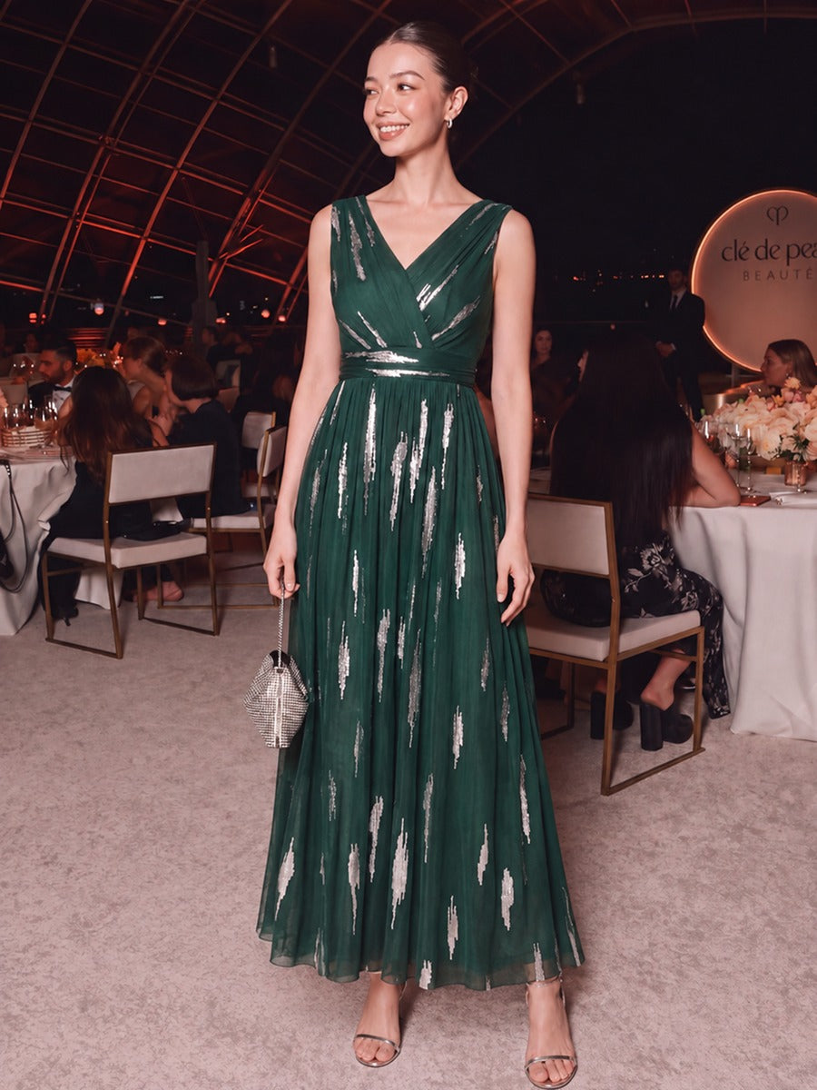 Robe A-Line sans manches en V maxi en sequins avec tissu extensible #Couleur_Vert Fonce
