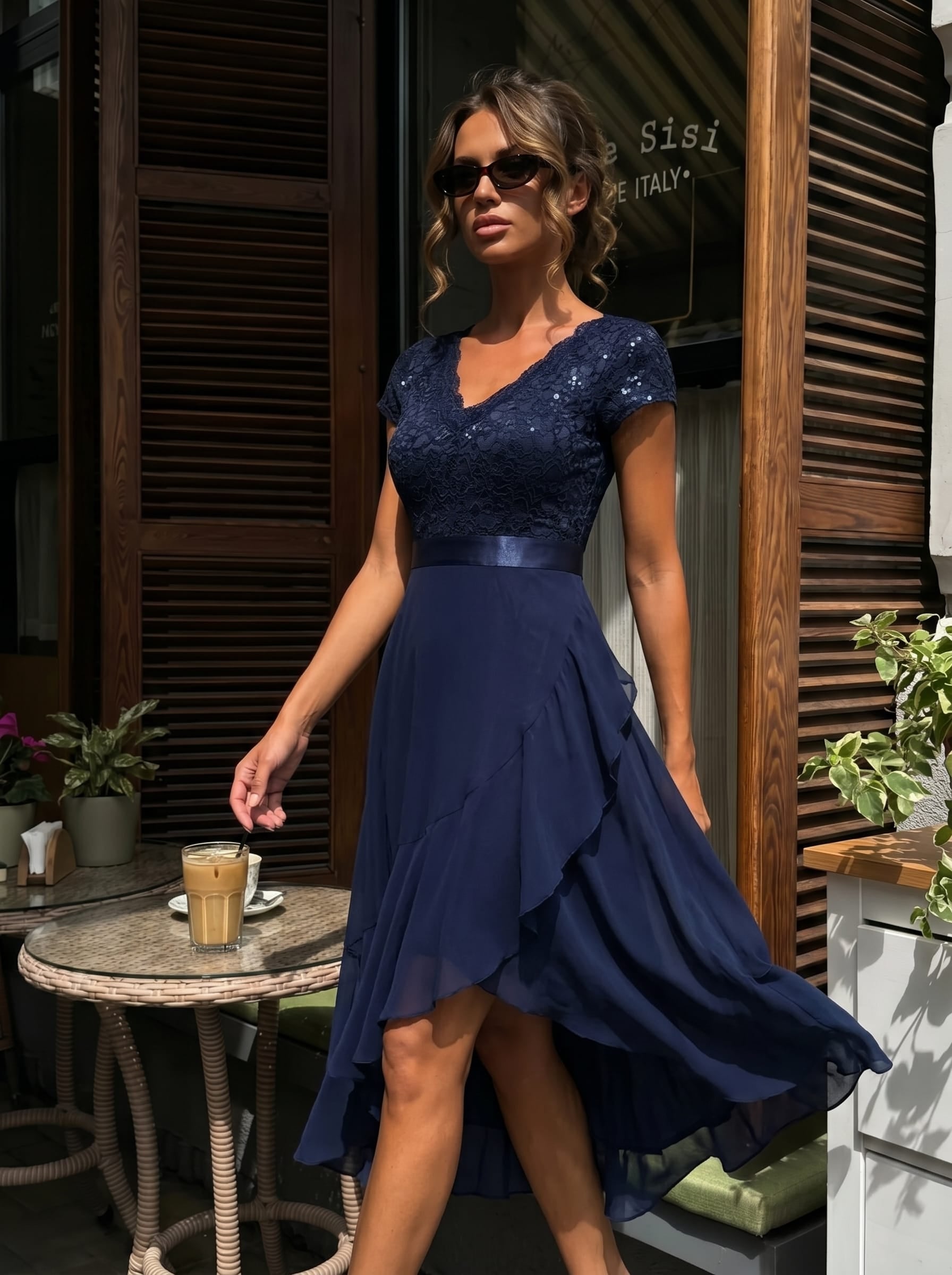 robe asymétrique à encolure en V profonde à manches courtes avec volants et patchwork à ourlet haut bas #Couleur_Bleu Marine