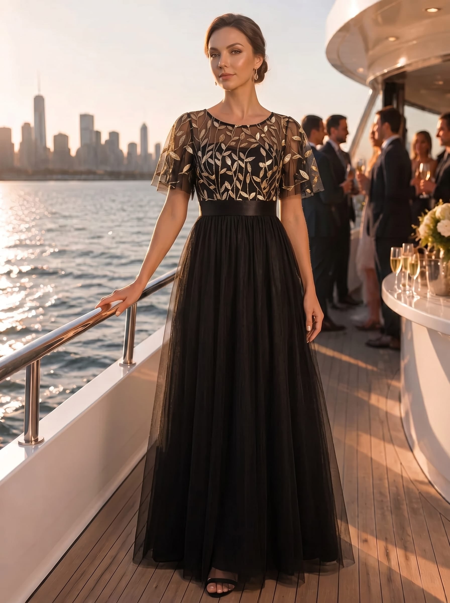 Robe de demoiselle d'honneur Brodées à manches courtes en ligne A pour femmes #Couleur_Noir & Or