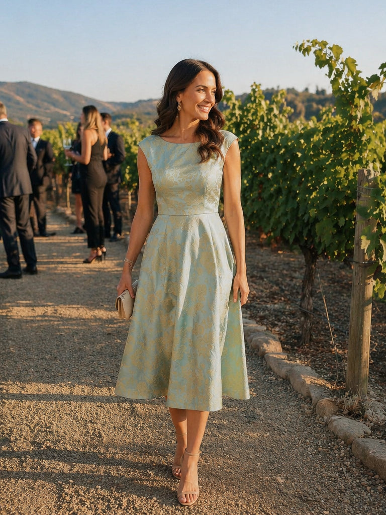 robe midi ¨¦vas¨¦e ¨¤ manches courtes imprim¨¦e avec col rond et fermeture ¨¦clair au dos #Couleur_Bleu ciel/Or