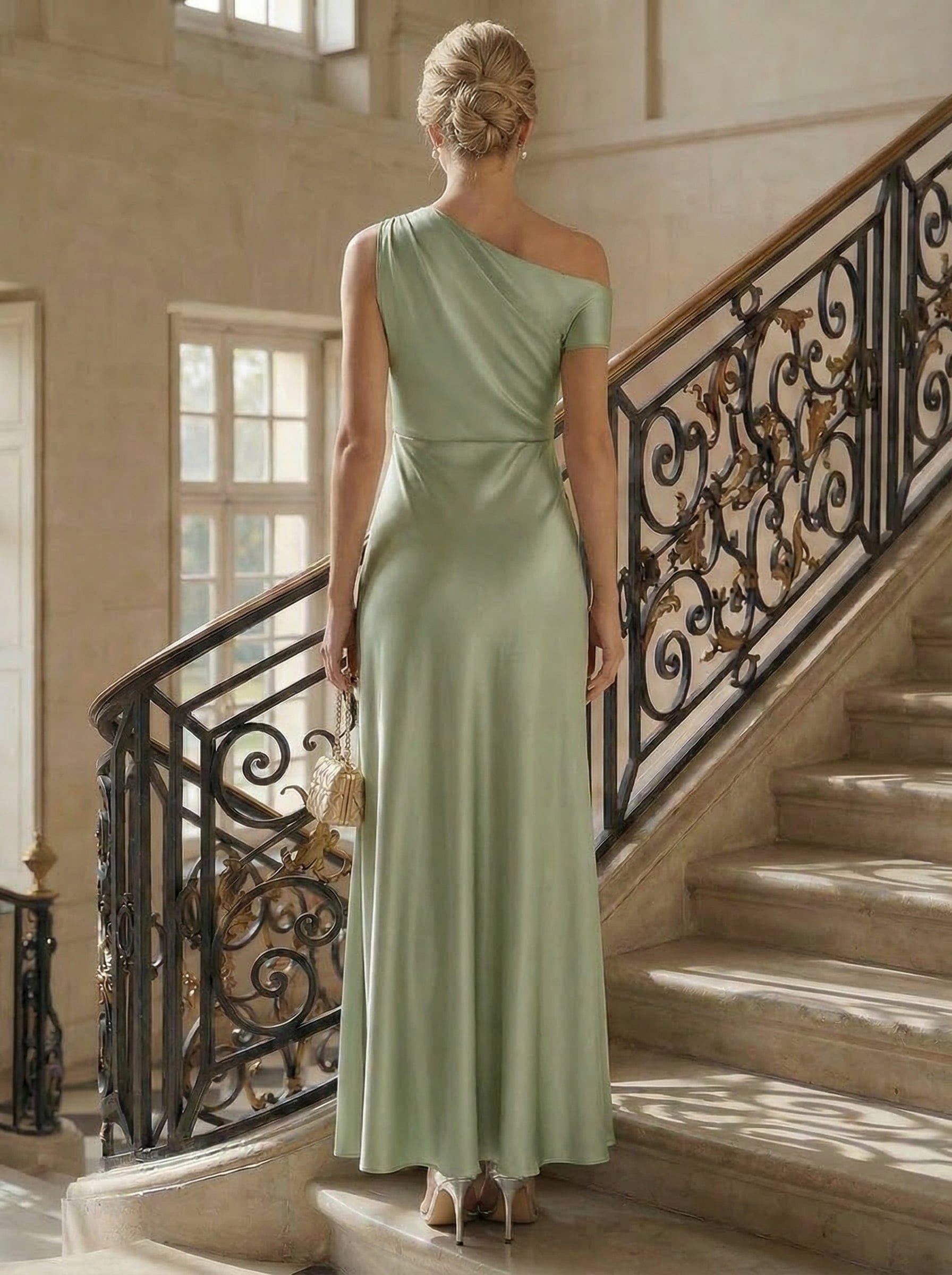 Robe moulante à une épaule à manches courtes avec fente haute sur la cuisse et tissu extensible #Couleur_Vert sauge