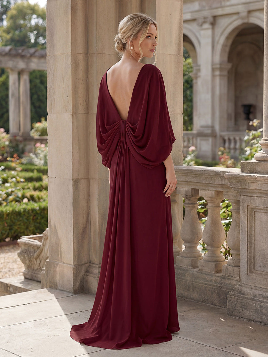 Robe sirène sans bretelles en stretch haut avec décolleté en V profond et manches cape #Couleur_Bordeaux