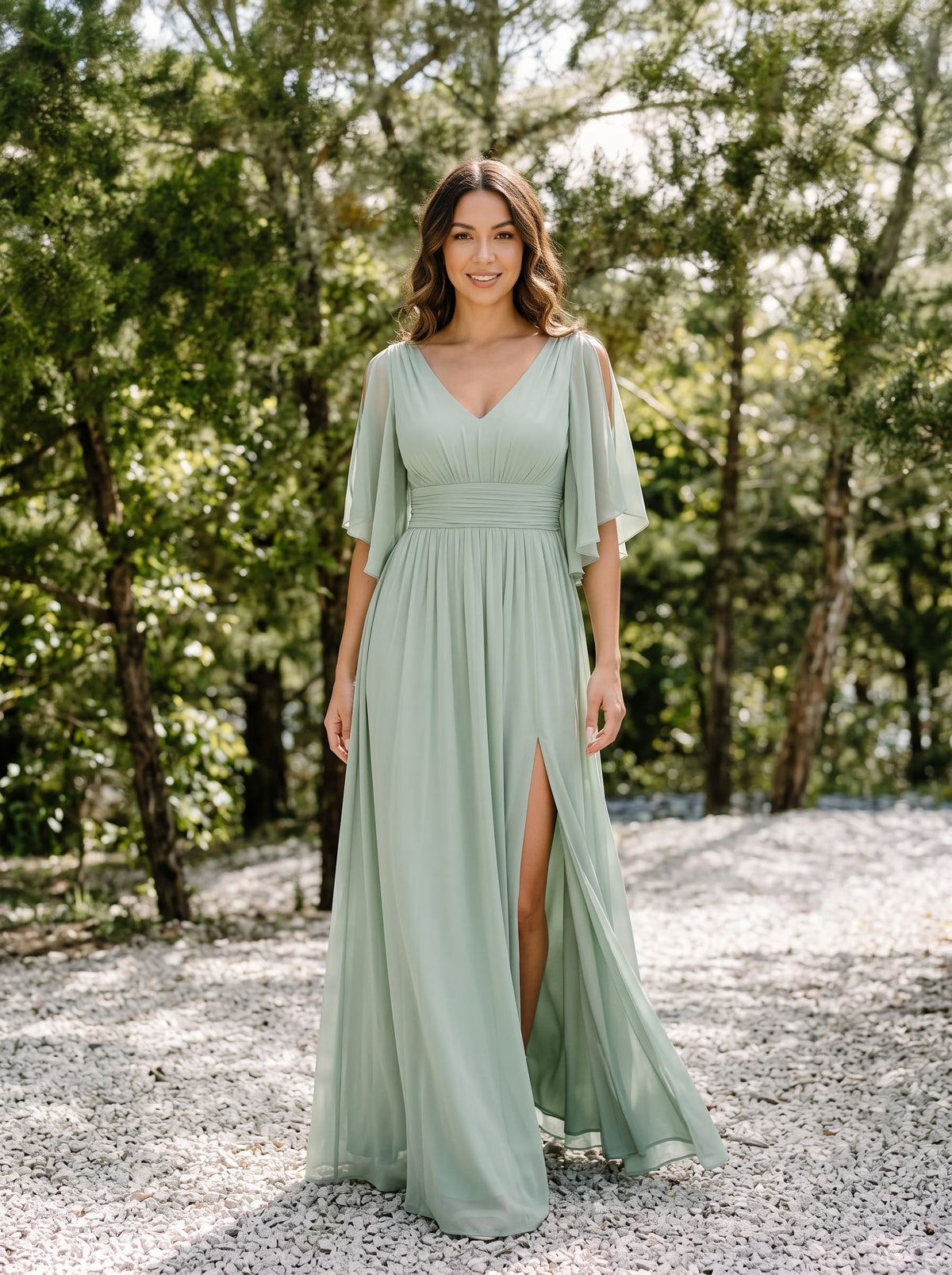 Robe Curvy en mousseline plissée Col V manches mi-longues #Couleur_Menthe Verte
