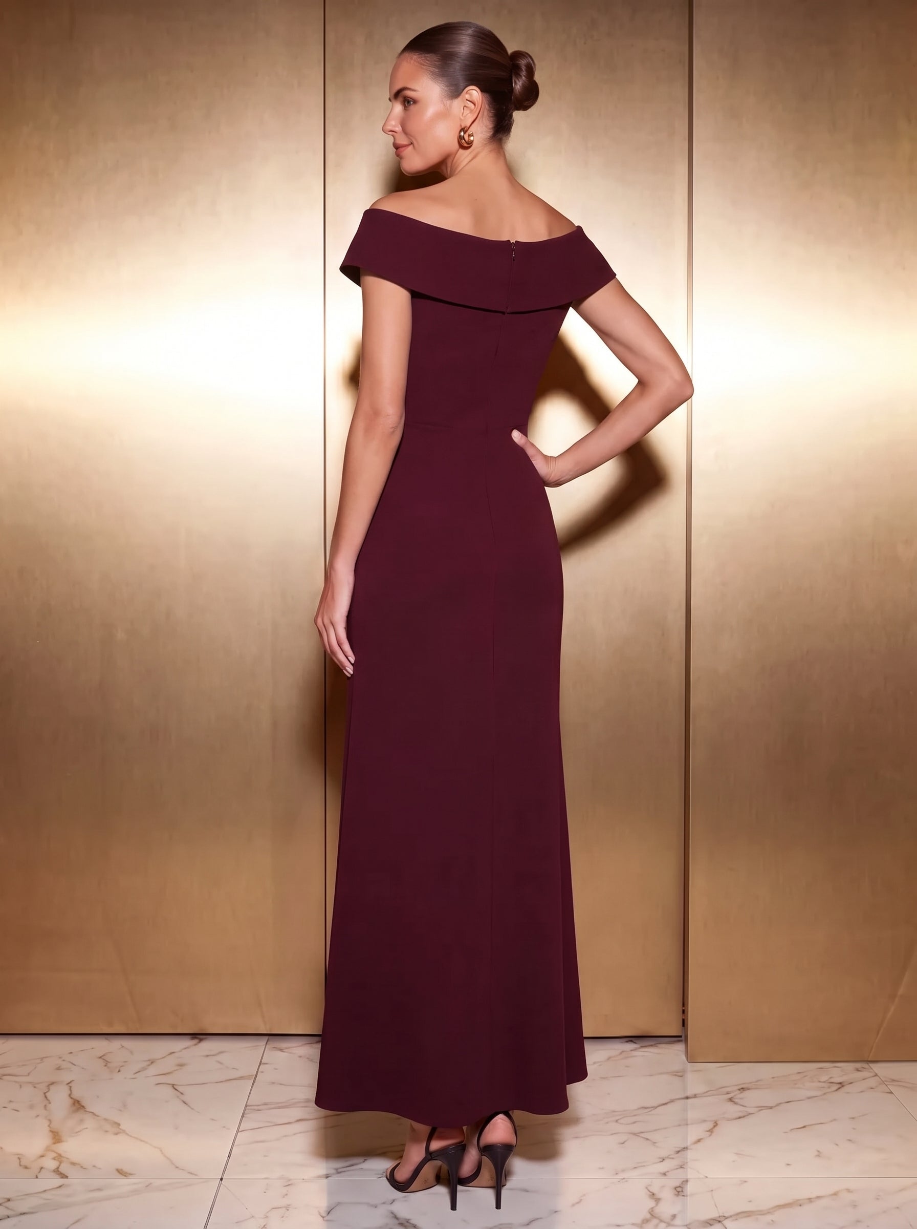 Robe sir¨¨ne ¨¤ encolure en V asym¨¦trique avec volants et fermeture ¨¦clair au dos sans manches tr¨¨s extensible #Couleur_Bordeaux