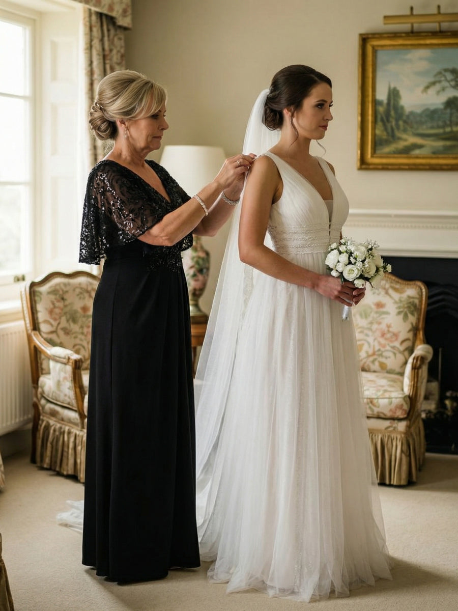 Robe longue sans manches en sequins style sirène décolleté en V #Couleur_Noir