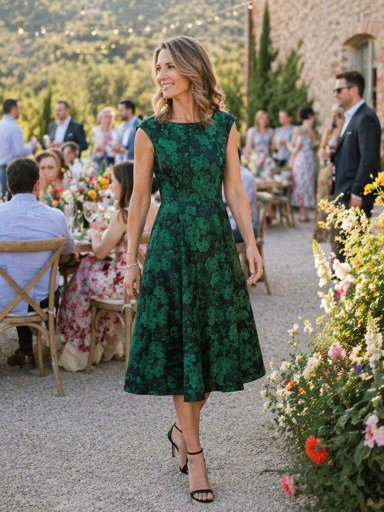 robe midi ¨¦vas¨¦e ¨¤ manches courtes imprim¨¦e avec col rond et fermeture ¨¦clair au dos #Couleur_Vert foncé/Noir