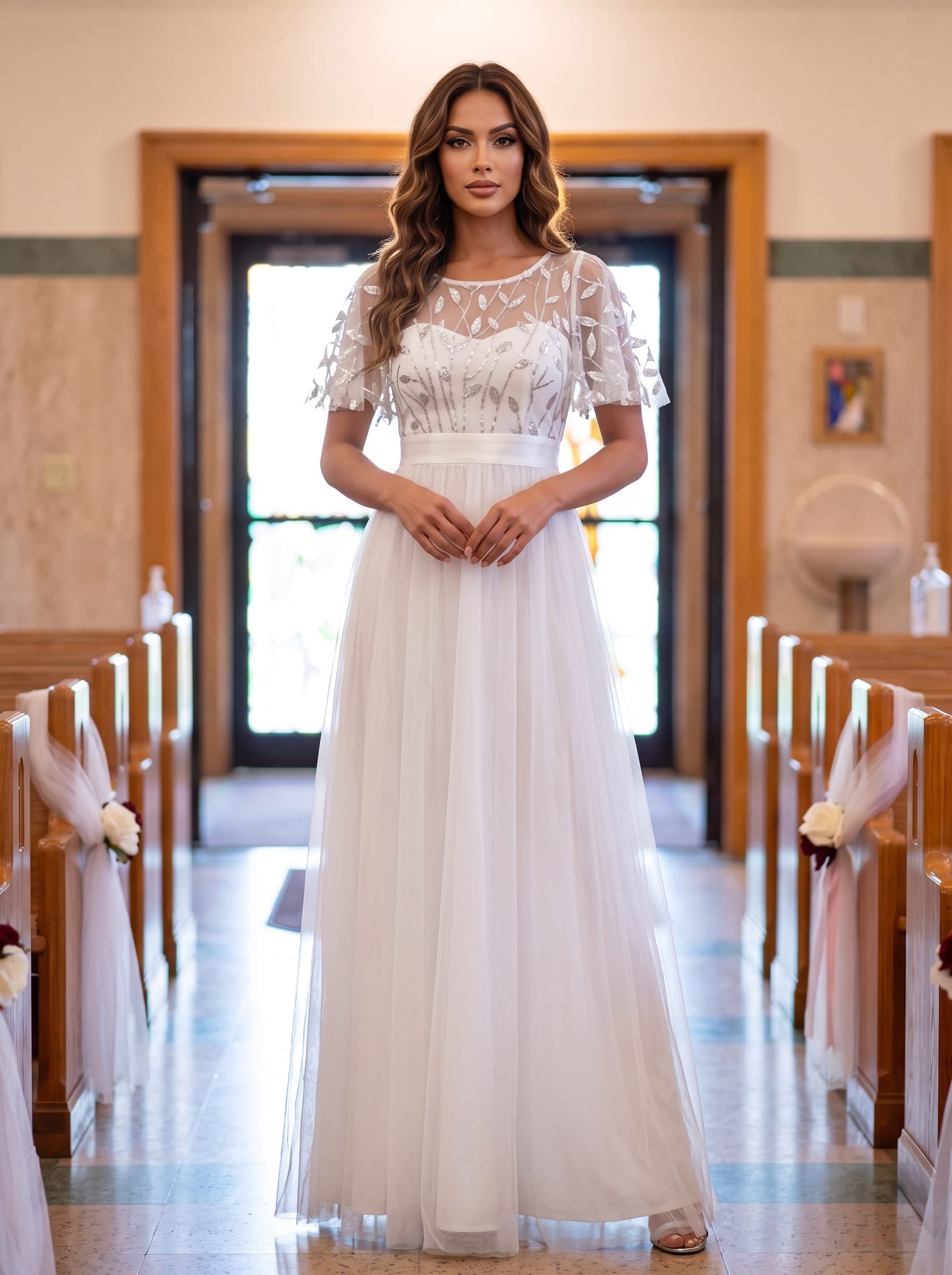 Robe de demoiselle d'honneur Brodées à manches courtes en ligne A pour femmes #Couleur_Blanc