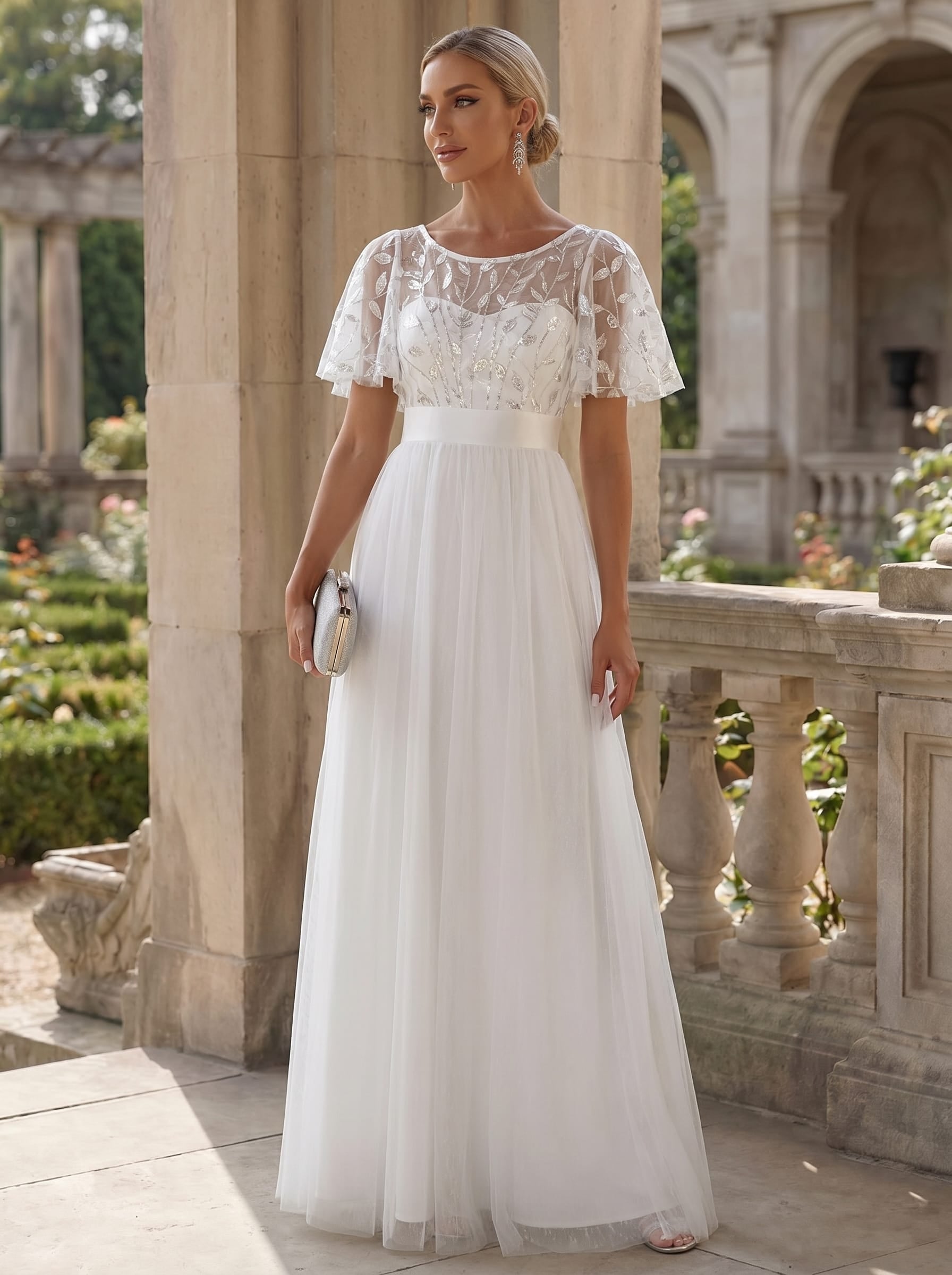 Robe de demoiselle d'honneur Brodées à manches courtes en ligne A pour femmes #Couleur_Blanc