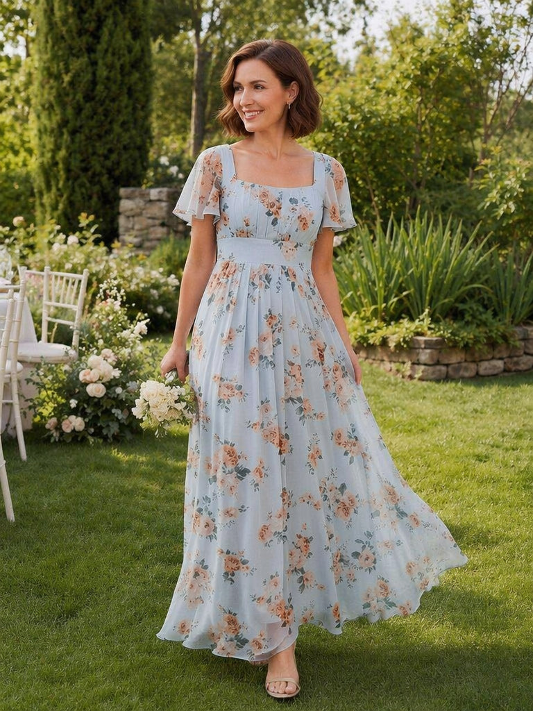 robe longue à manches courtes avec volants dos nu et fronces en forme de A #Couleur_Floraison Ambrée