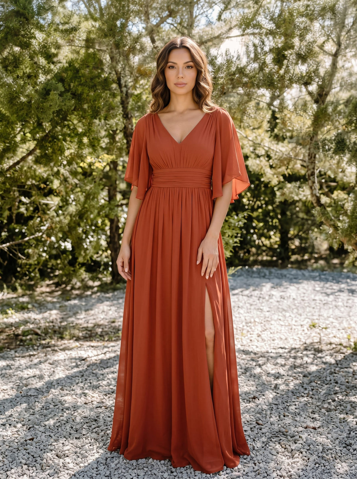Charmante Robe De Demoiselle D'honneur Plissée À Manches Lanternes En Mousseline De Soie Et Taille Haute #Couleur_Burnt Orange