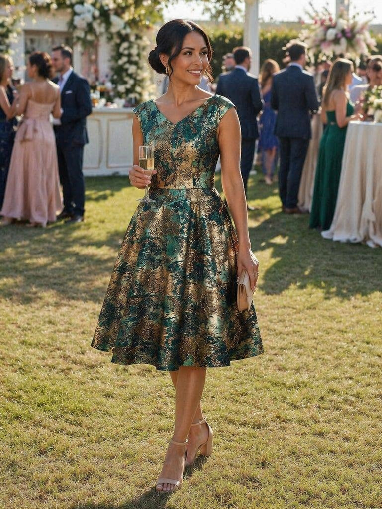 robe midi sans ¨¦lasticit¨¦ ¨¤ manches courtes en V avec fermeture ¨¦clair au dos #Couleur_Vert foncé/Or