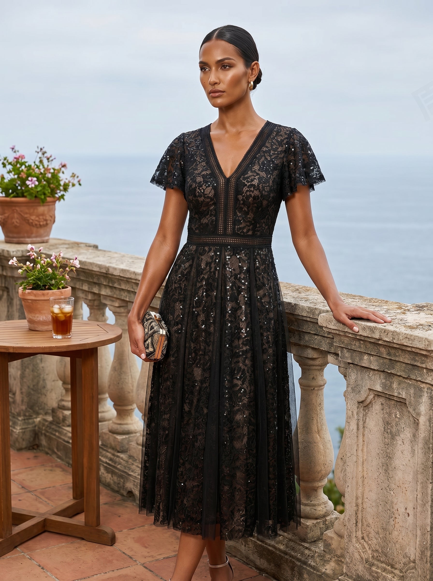 robe midi évasée en tulle avec manches courtes décolleté en V et volants #Couleur_Noir