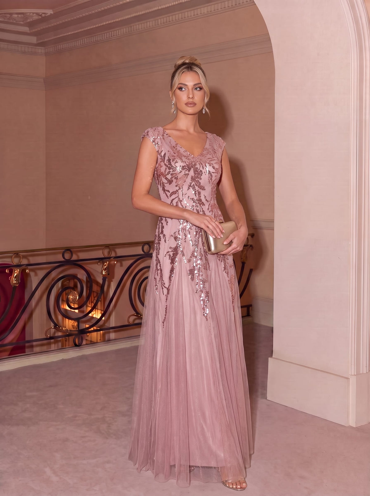 robe longue sans manches décolletée en V brodée de fleurs en A #Couleur_Rose fumee