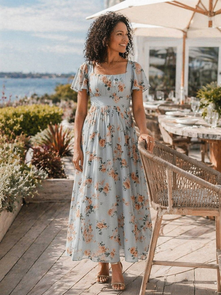 robe longue à manches courtes avec volants dos nu et fronces en forme de A #Couleur_Floraison Ambrée