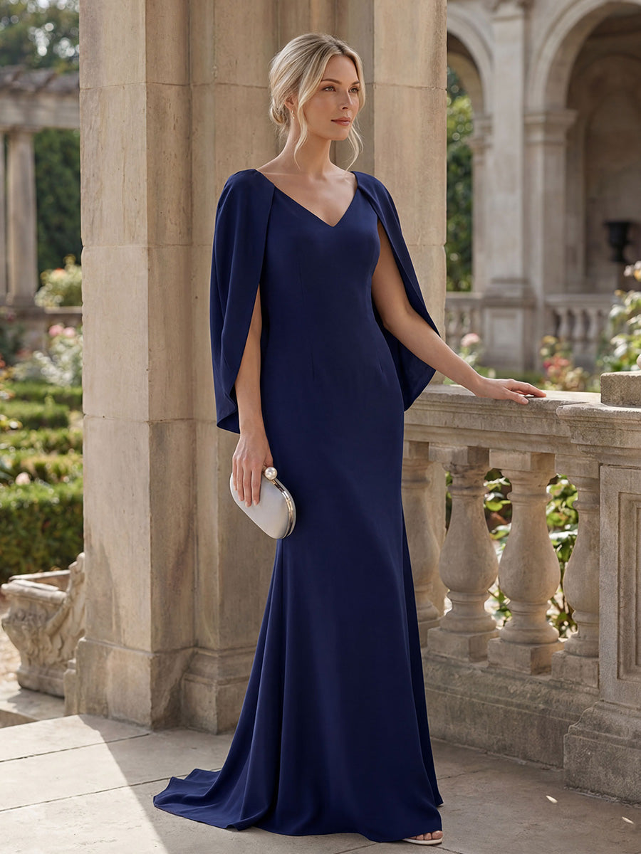 Robe sirène sans bretelles en stretch haut avec décolleté en V profond et manches cape #Couleur_Bleu Marine