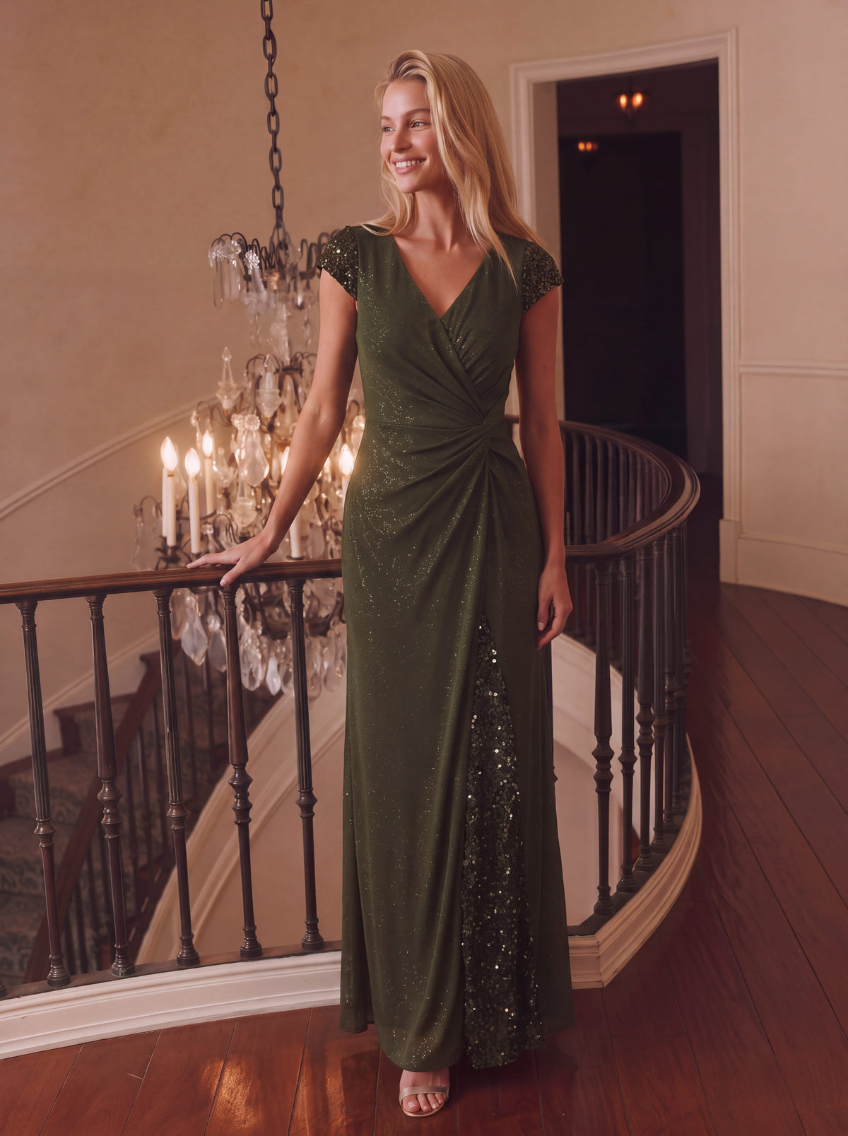 Robe moulante à manches courtes en stretch élevé avec décolleté en V noué et détails en sequins #Couleur_Vert Olive