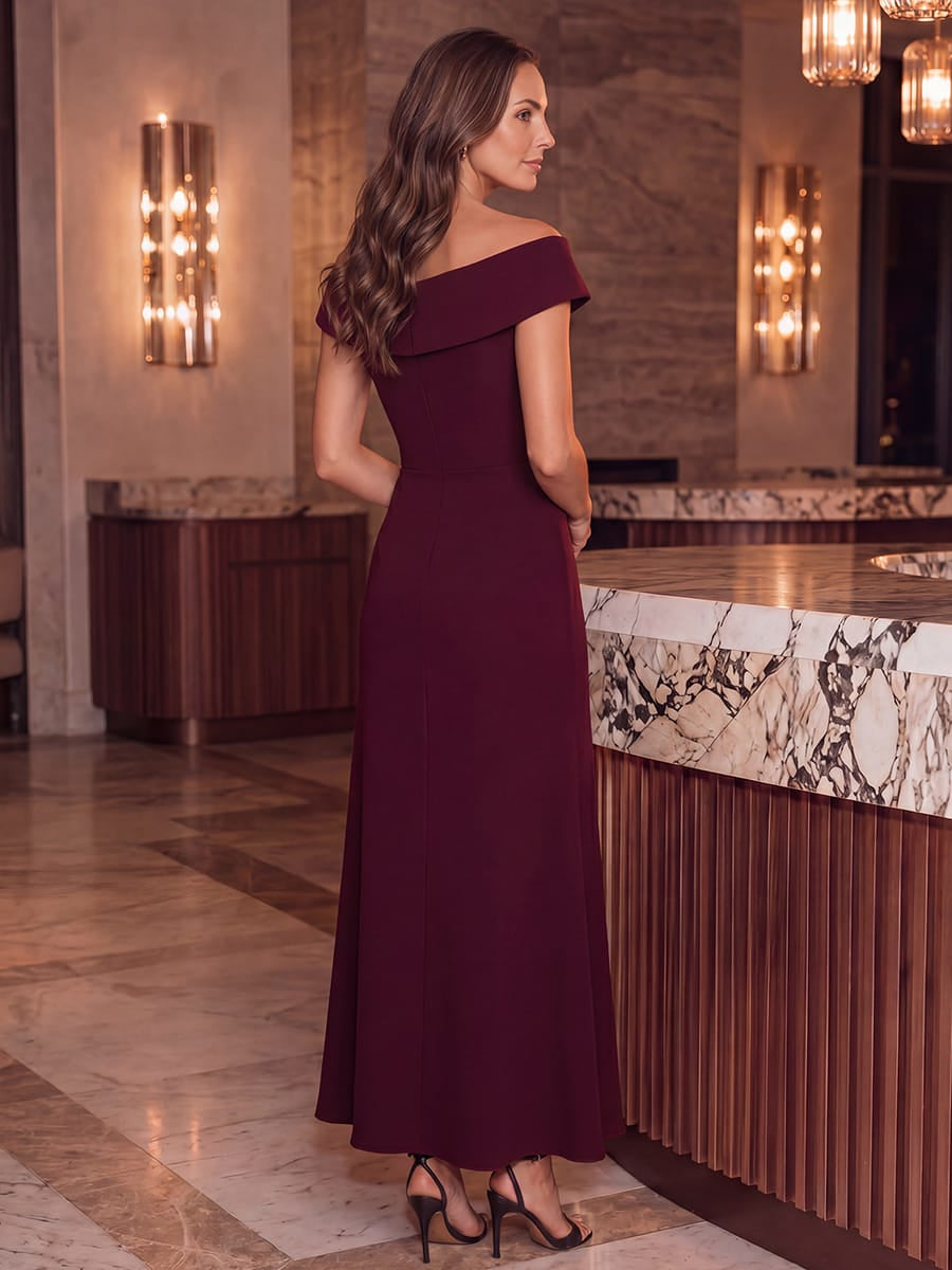 Robe sir¨¨ne ¨¤ encolure en V asym¨¦trique avec volants et fermeture ¨¦clair au dos sans manches tr¨¨s extensible #Couleur_Bordeaux