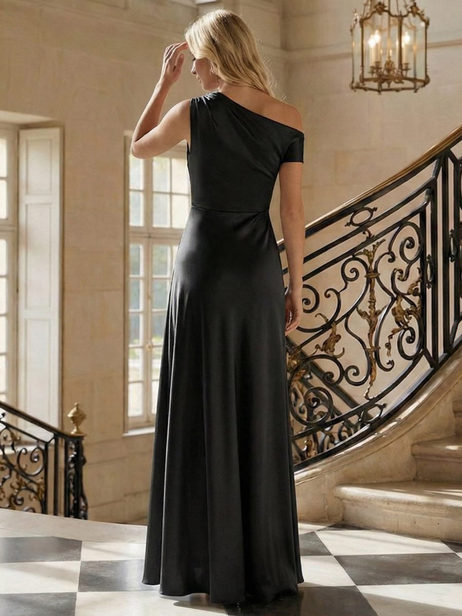 Robe moulante à une épaule à manches courtes avec fente haute sur la cuisse et tissu extensible #Couleur_Noir