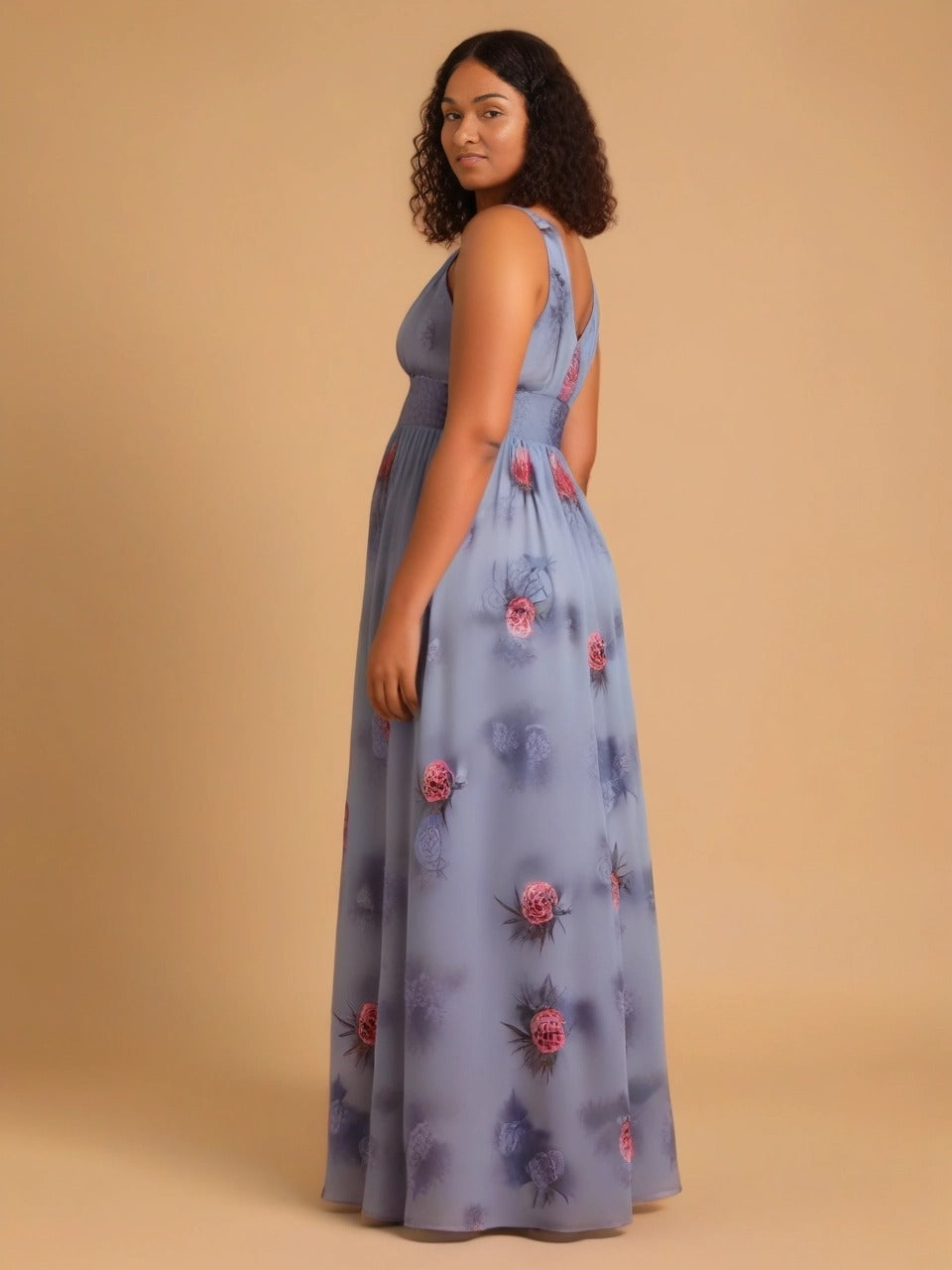Robe longue de soirée florale à encolure en V #Couleur_Pivoine Poussiéreuse