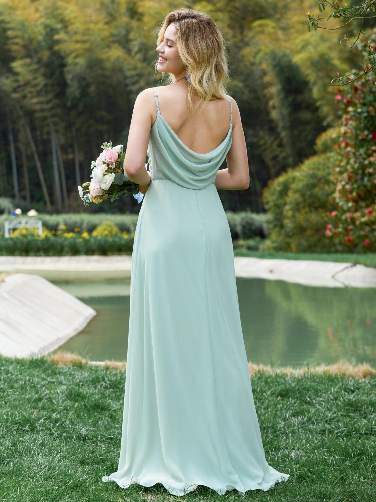 Robe de demoiselle d'honneur drapée au dos avec décolleté en cœur #Couleur_Menthe Verte