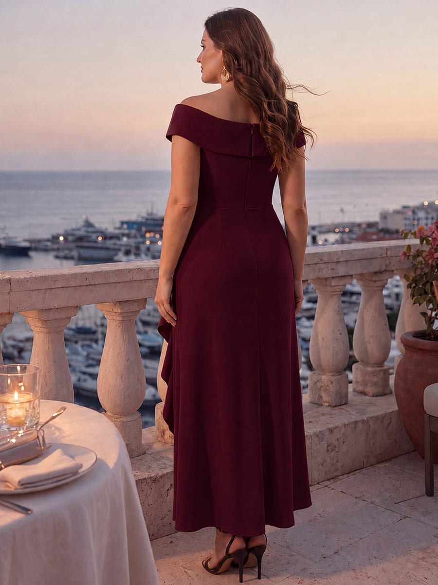 Robe sir¨¨ne ¨¤ encolure en V asym¨¦trique avec volants et fermeture ¨¦clair au dos sans manches tr¨¨s extensible #Couleur_Bordeaux