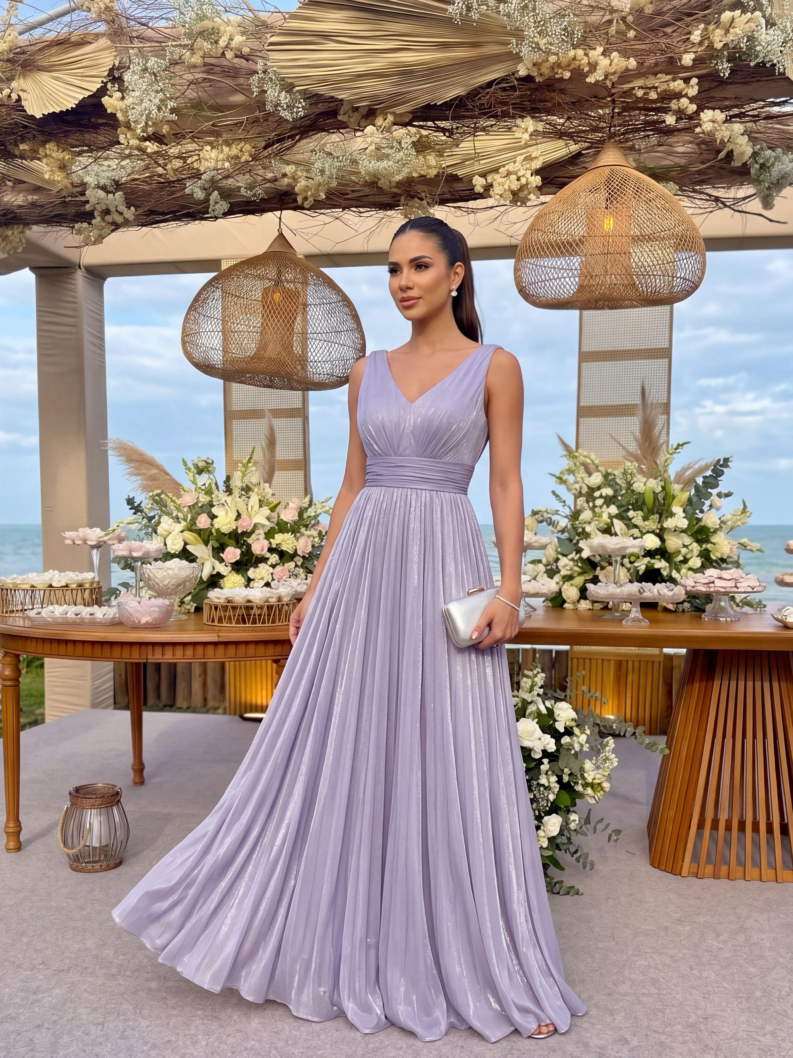 Robe longue évasée à encolure en V sans bretelles #Couleur_Lilas Givré