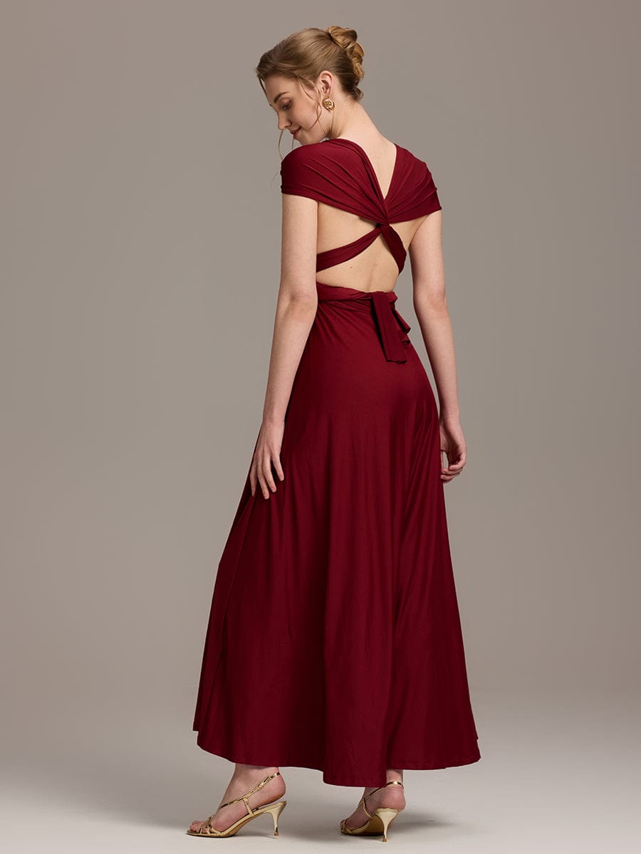 Robe d'invité de mariage trapèze en mousseline fluide à encolure ronde et longueur au genou #Couleur_Bordeaux