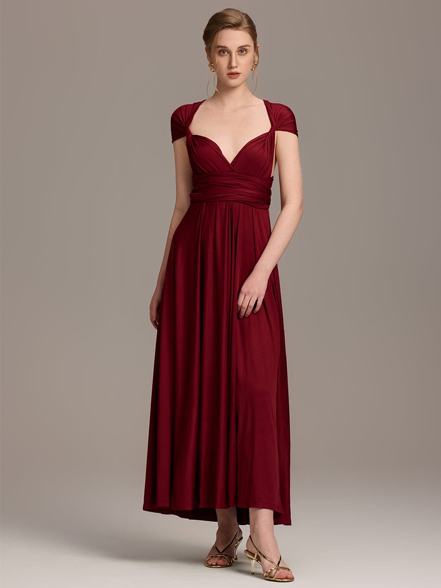 Robe d'invité de mariage trapèze en mousseline fluide à encolure ronde et longueur au genou #Couleur_Bordeaux
