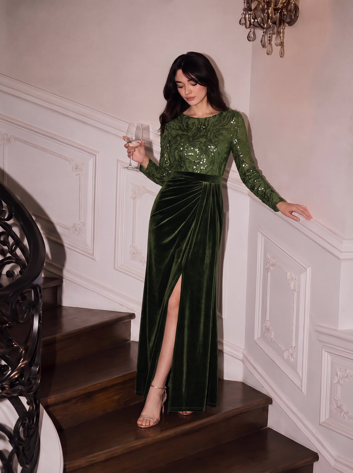 Velours Fourreau Manches ajustées Fermeture zippée au dos Sans coques, avec doublure. Robe #Couleur_Vert Olive