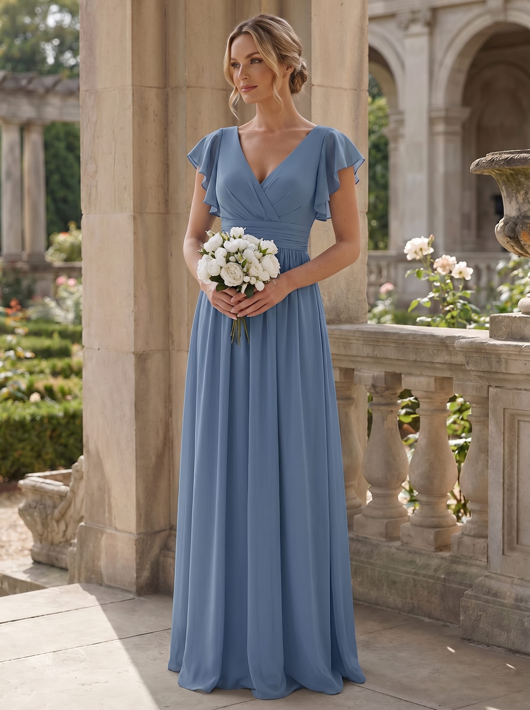 Robe demoiselle d'honneur en mousseline manches plissées avec découpe au dos #Couleur_Marine Fume