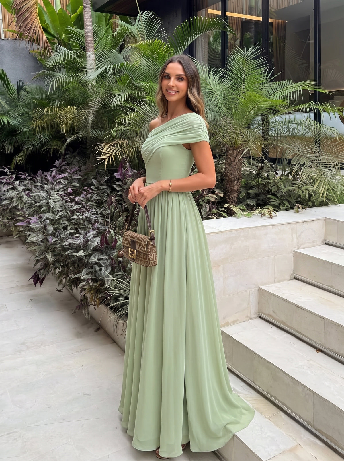 Robe longue asymétrique sans bretelles en A avec détail froncé #Couleur_Menthe Verte