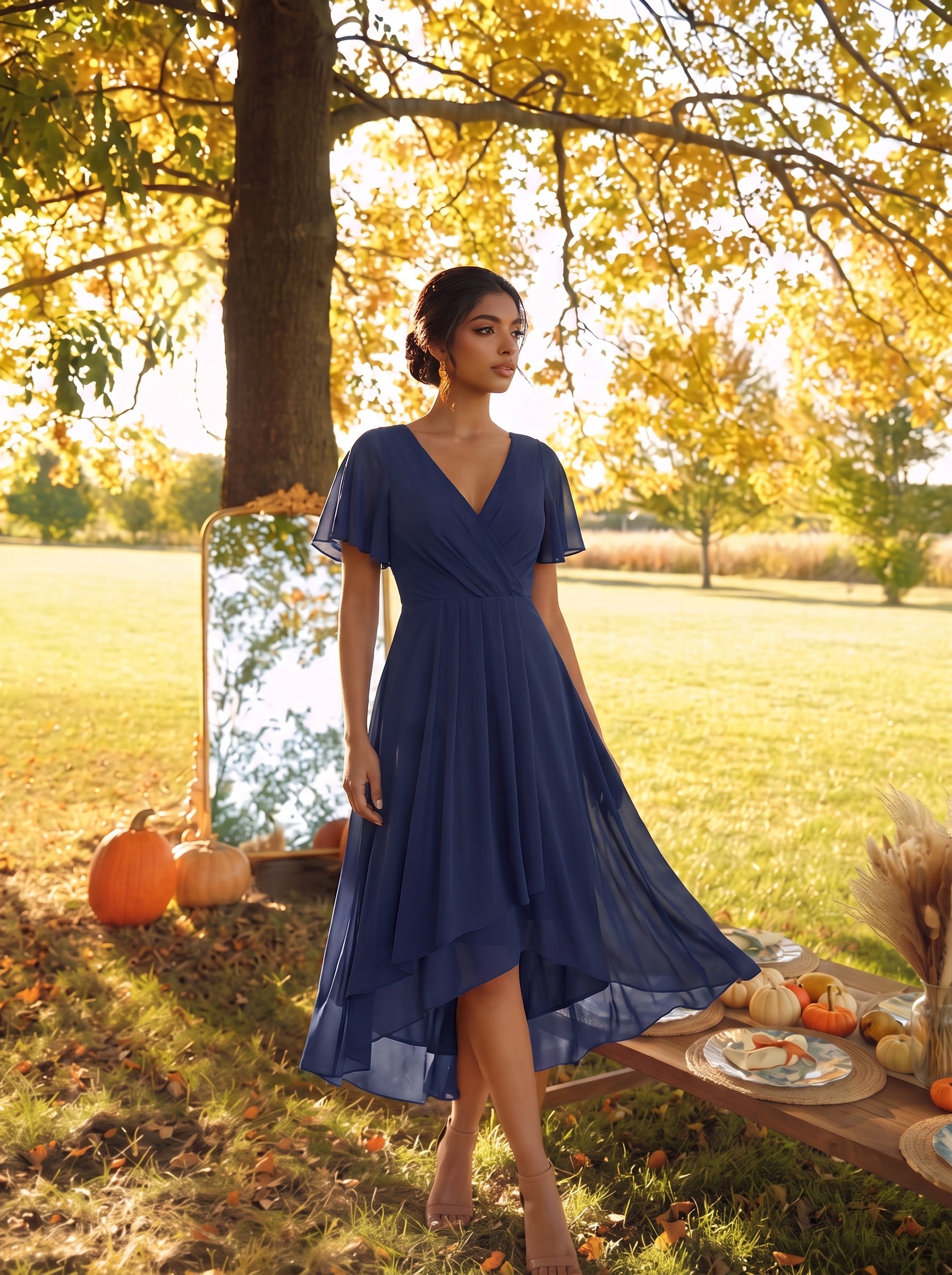 Robe D'invité De Mariage En Mousseline De Soie Mi-Longue Plissée à Manches à Volants Et Col En V #Couleur_Bleu Marine