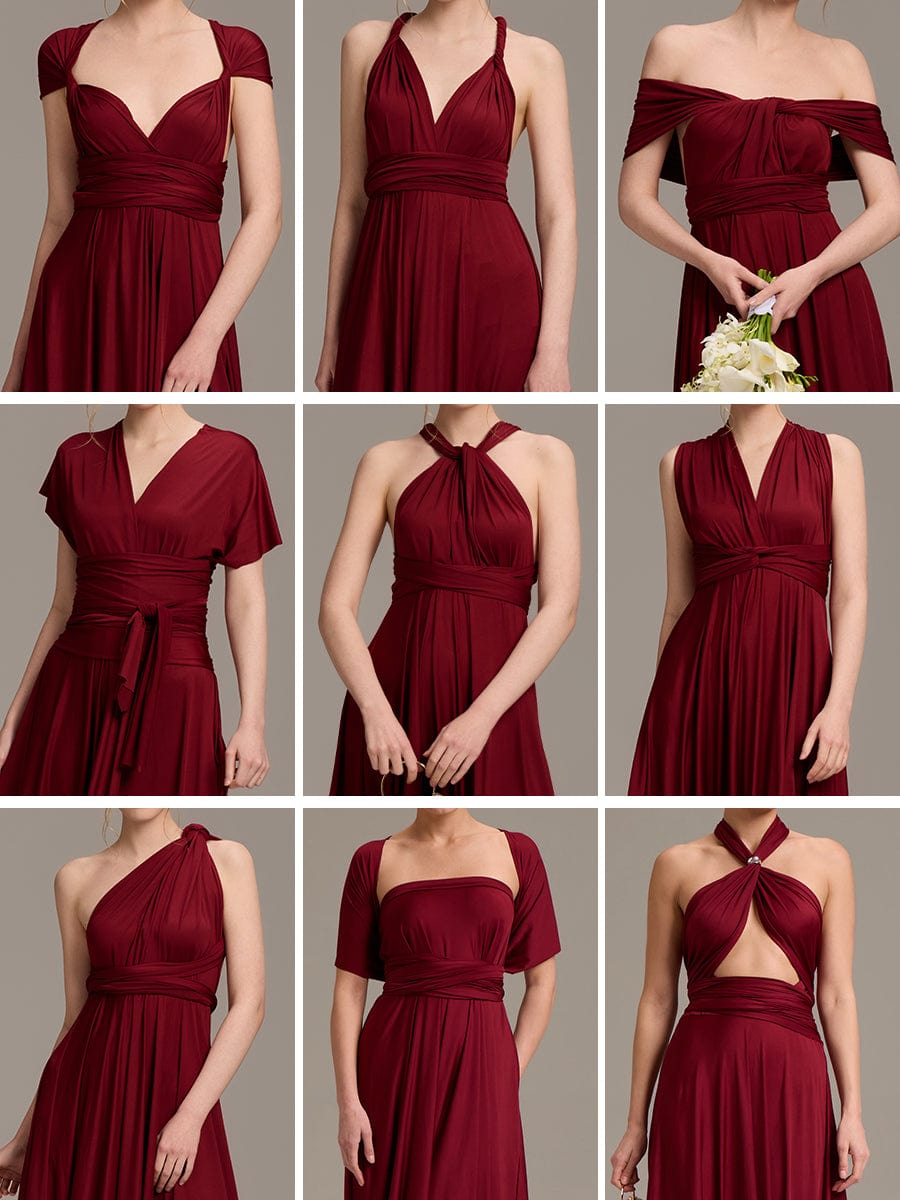 Robe d'invité de mariage trapèze en mousseline fluide à encolure ronde et longueur au genou #Couleur_Bordeaux