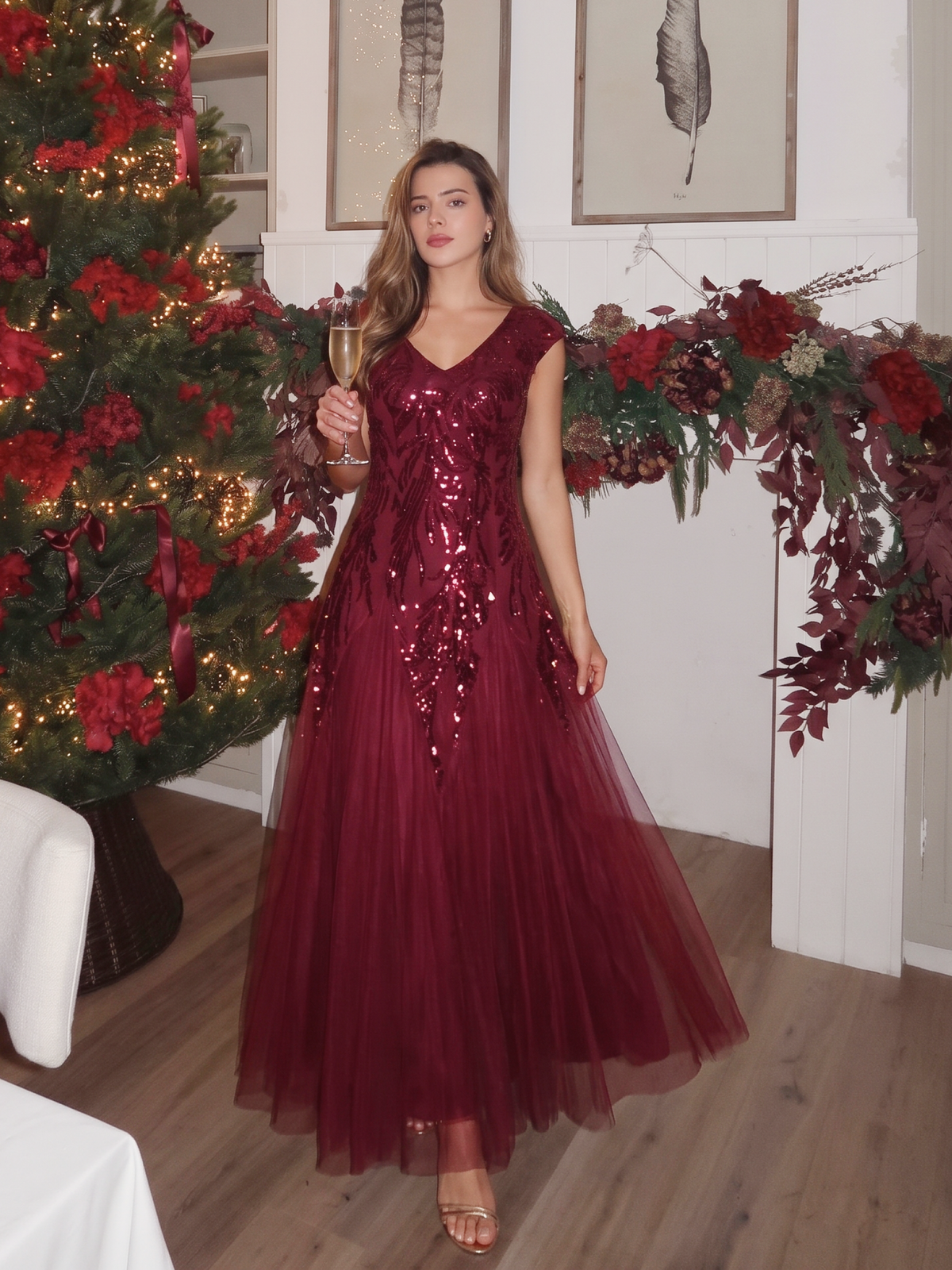 robe longue sans manches décolletée en V brodée de fleurs en A #Couleur_Bordeaux