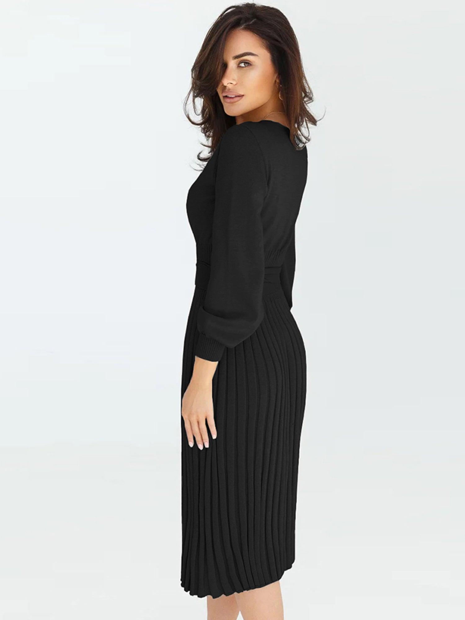 Robe Pull Femme d'hiver Élégante Col Rond Ceinture Manches Longues Casual Chic #Couleur_Noir