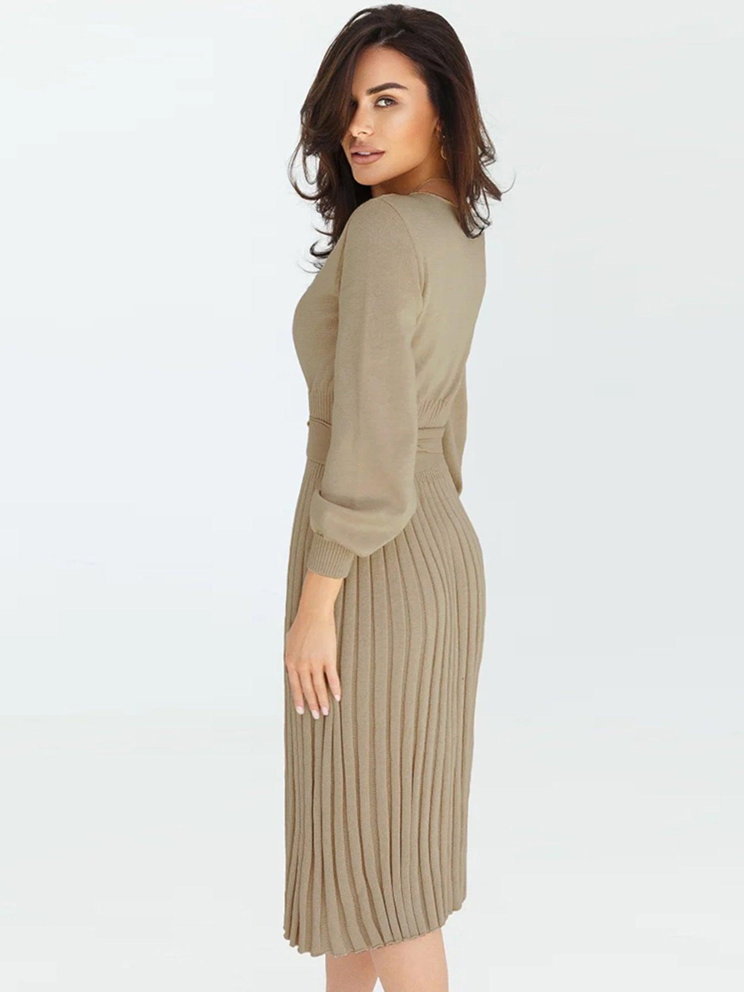 Robe Pull Femme d'hiver Élégante Col Rond Ceinture Manches Longues Casual Chic #Couleur_Kaki