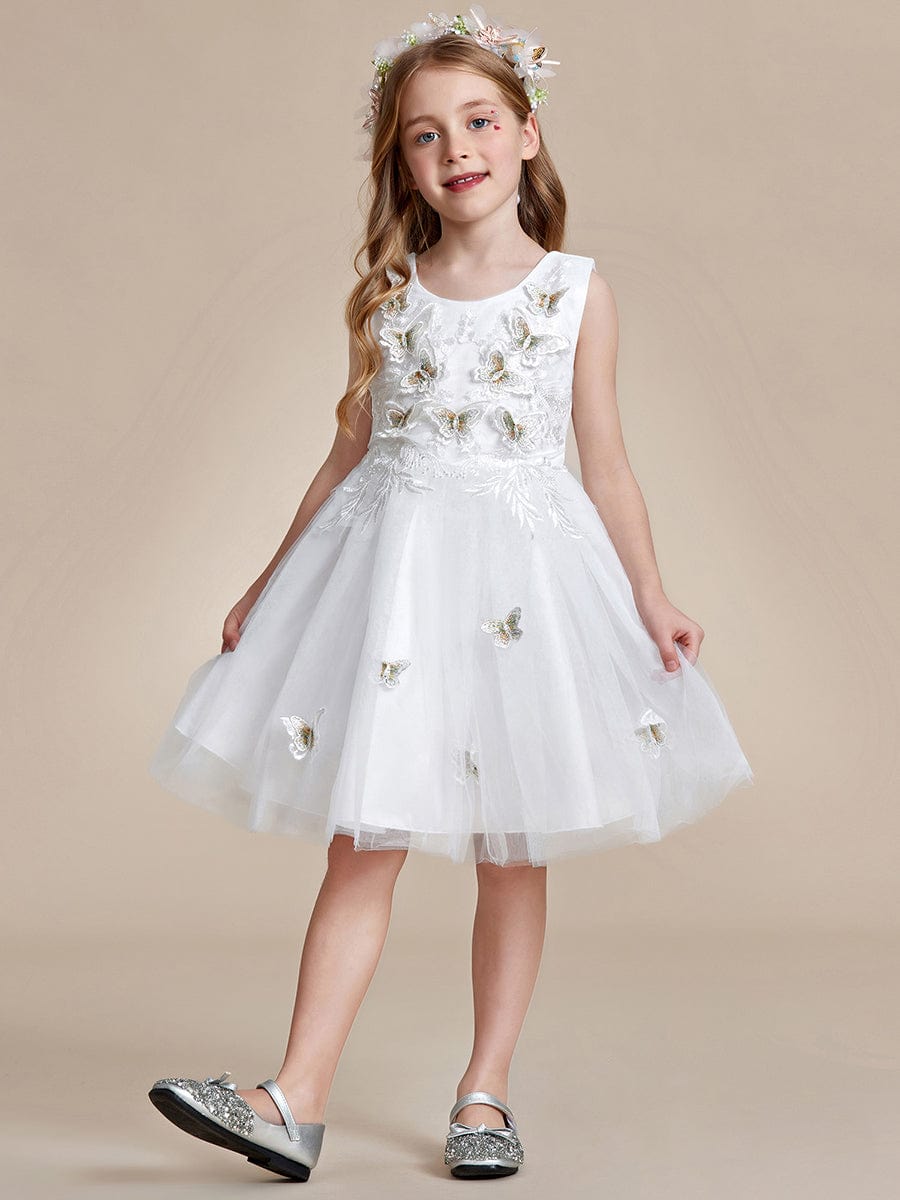 Robe de fille de fleur en tulle sans manches brodée de papillons #Couleur_Blanc