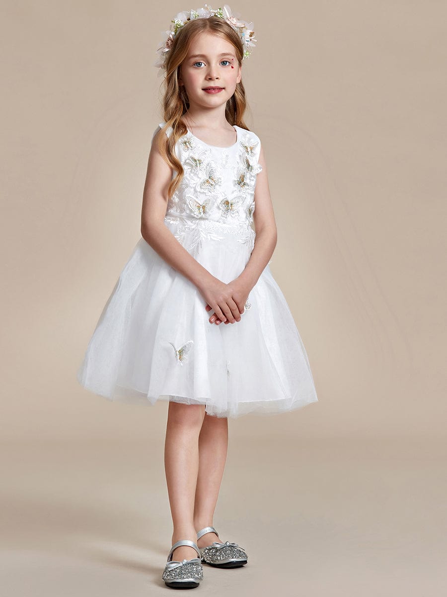Robe de fille de fleur en tulle sans manches brodée de papillons #Couleur_Blanc