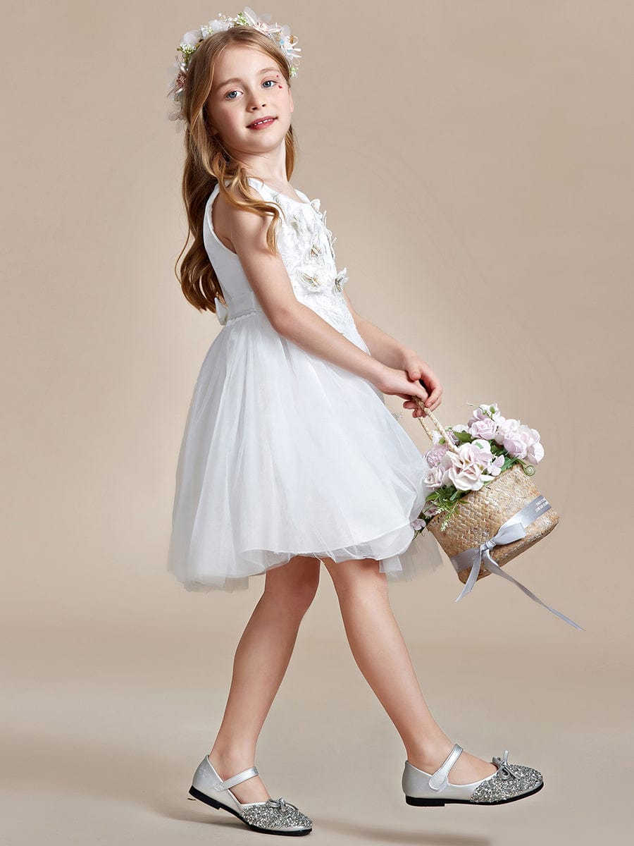 Robe de fille de fleur en tulle sans manches brodée de papillons #Couleur_Blanc