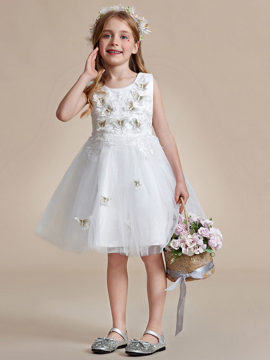 Robe de fille de fleur en tulle sans manches brodée de papillons #Couleur_Blanc