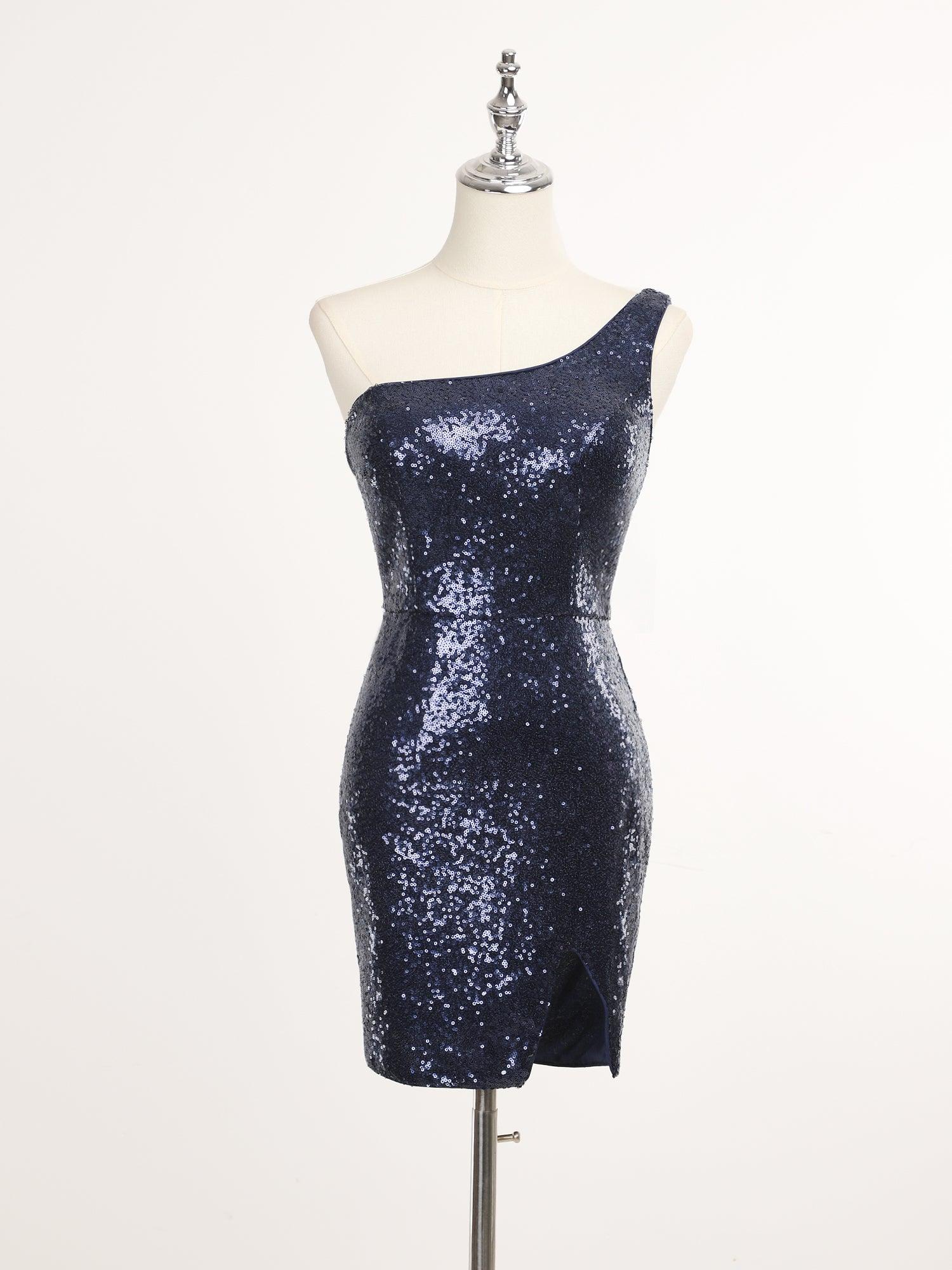 Robe moulante glamour à une épaule à sequins avec fente haute #Couleur_Bleu Marine Robe moulante glamour à une épaule à sequins avec fente haute