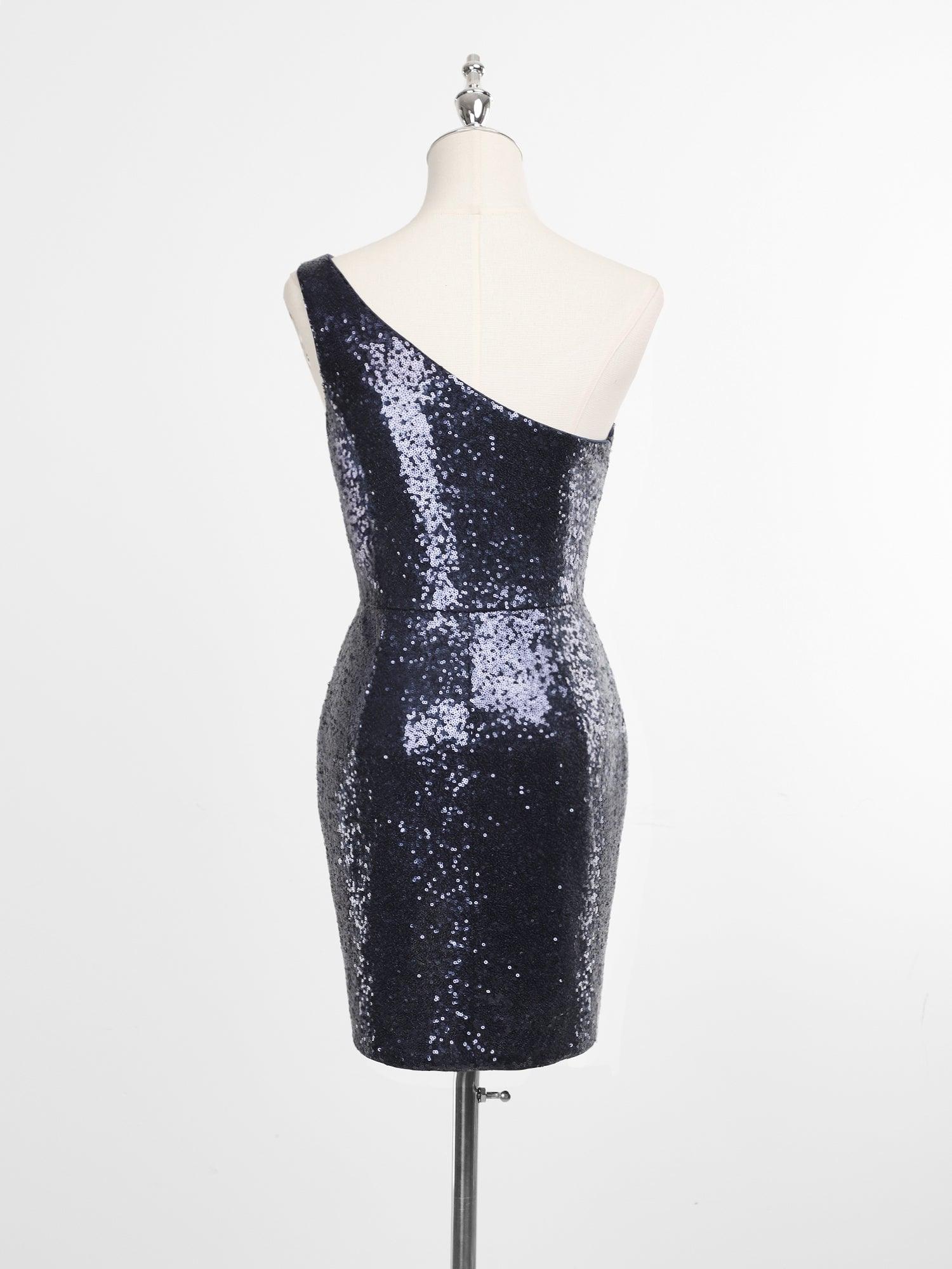 Robe moulante glamour à une épaule à sequins avec fente haute #Couleur_Bleu Marine Robe moulante glamour à une épaule à sequins avec fente haute