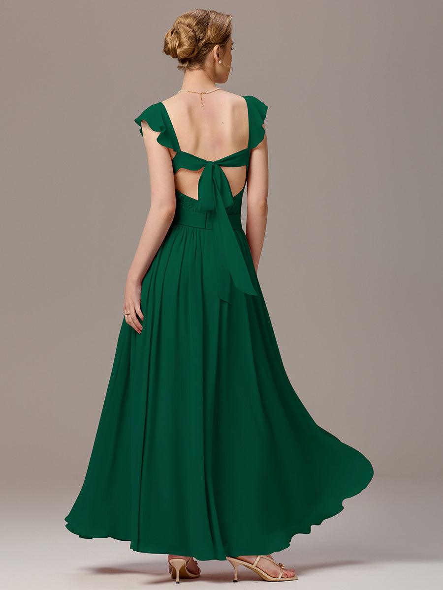 Robe de demoiselle d'honneur trapèze à bretelles croisées et dos nu #Couleur_Vert Fonce